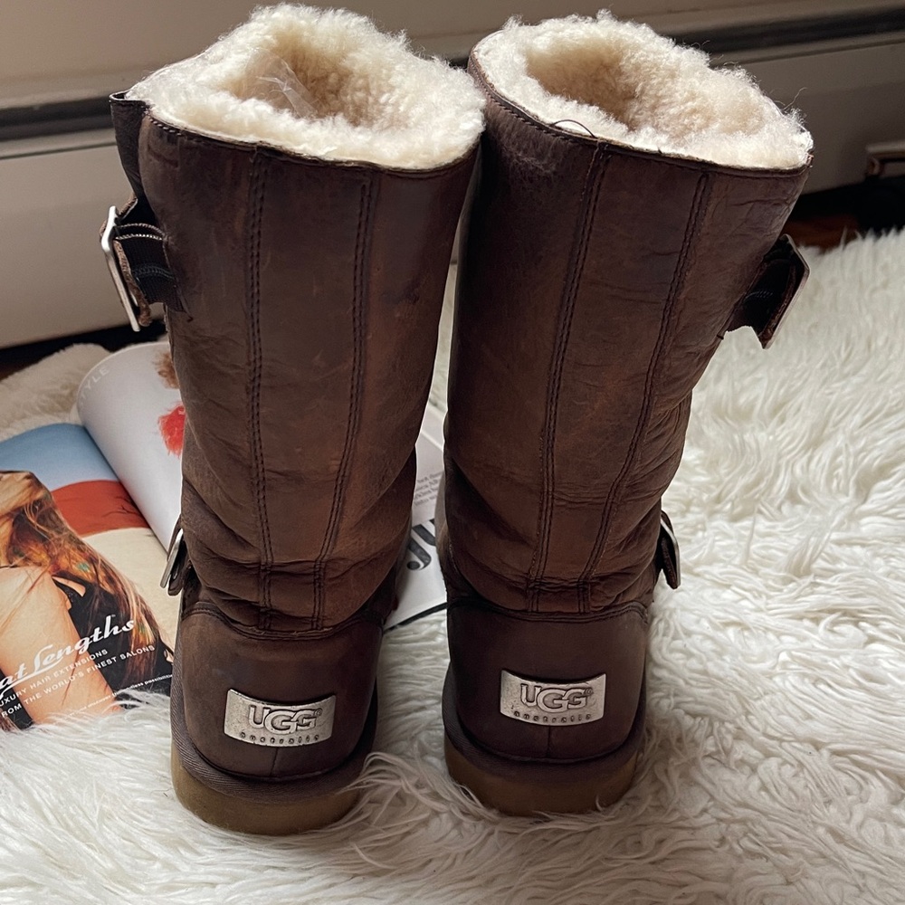 UGG Dark Brown Leather Moto Kensington Biker Engineer Sheepskin Boots - Picture 6 of 13